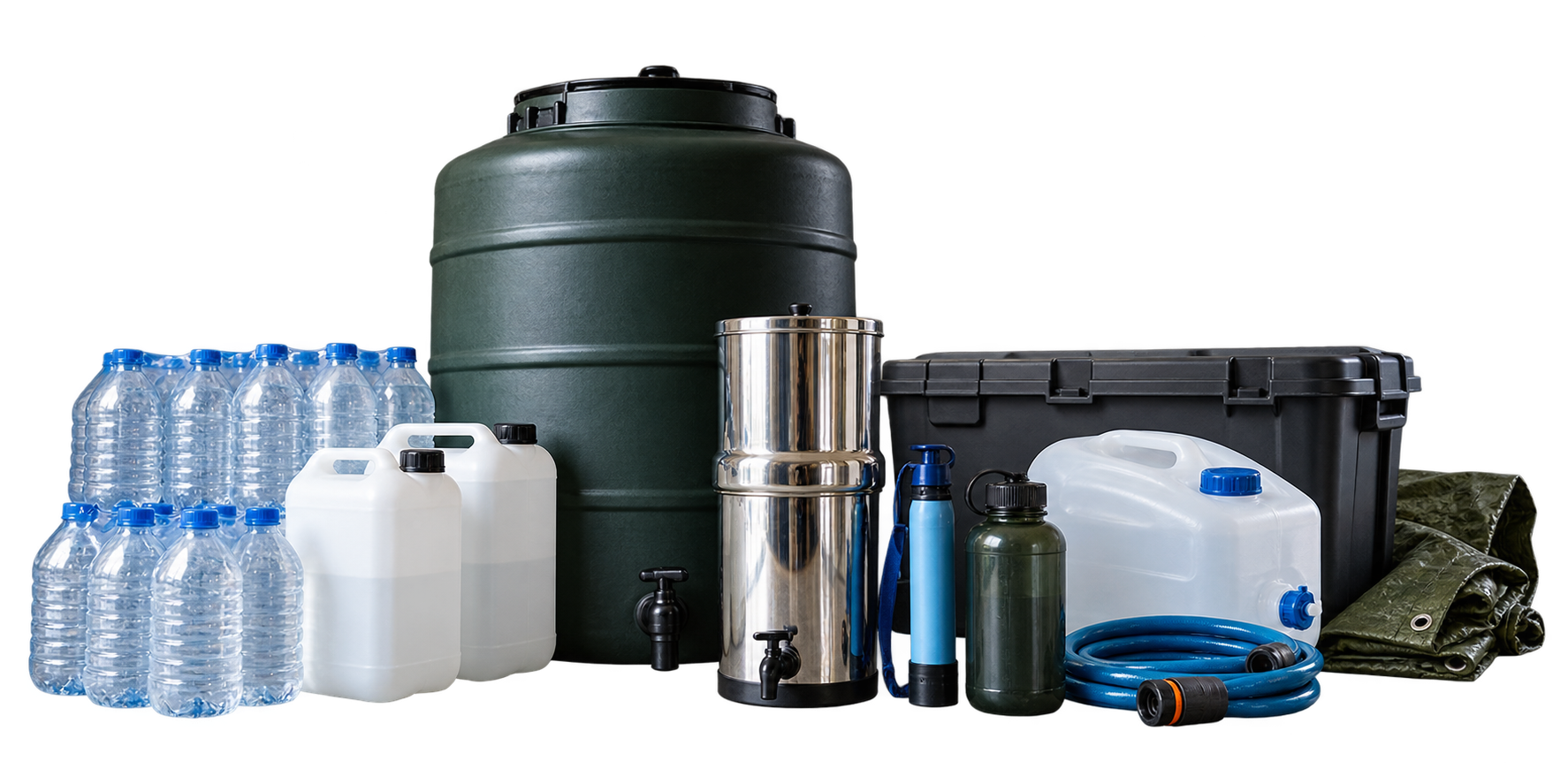 Réserve d'eau domestique avec bouteilles, jerricans et matériel de filtration