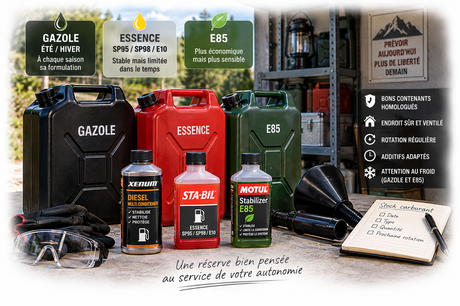 Réserve domestique de carburant avec bidons de gazole, essence et E85