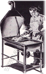 Illustration ancienne d’une forge avec évier en fonte et hotte