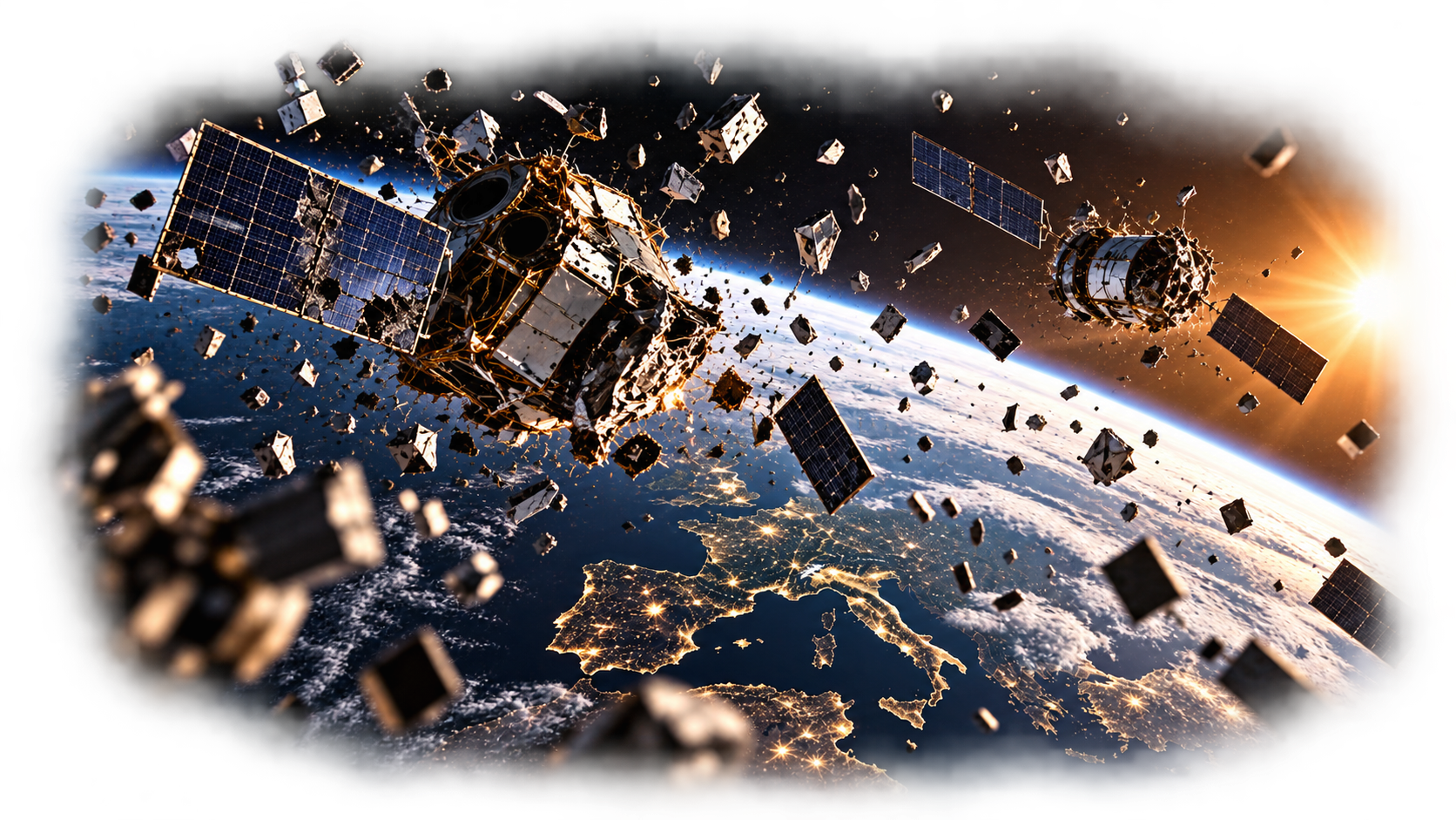 Illustration du syndrome de Kessler : satellites endommagés et débris en orbite au-dessus de la Terre.